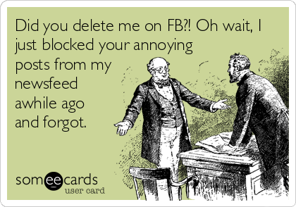 Did you delete me on FB?! Oh wait, I
just blocked your annoying
posts from my
newsfeed
awhile ago
and forgot.
