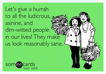 Let's give a hurrah
to all the ludicrous,
asinine, and
dim-witted people
in our lives! They make
us look reasonably sane.