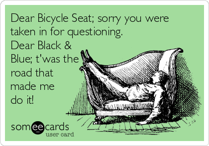 Dear Bicycle Seat; sorry you were
taken in for questioning.
Dear Black &
Blue; t'was the
road that
made me
do it!