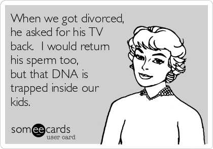 When we got divorced,
he asked for his TV
back.  I would return
his sperm too,
but that DNA is 
trapped inside our
kids.