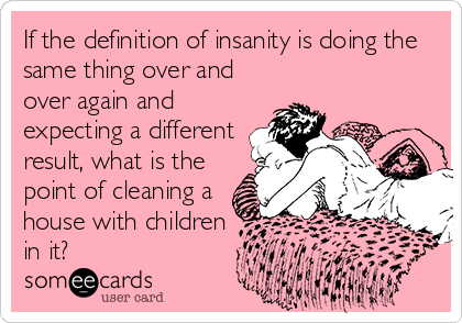 If the definition of insanity is doing the
same thing over and
over again and
expecting a different
result, what is the
point of cleaning a
house with children
in it?