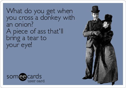 What do you get when
you cross a donkey with
an onion?
A piece of ass that'll
bring a tear to 
your eye!