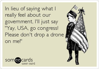 In lieu of saying what I
really feel about our
government, I'll just say
"Yay, USA, go congress! 
Please don't drop a drone
on me!"