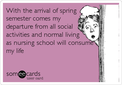 With the arrival of spring
semester comes my
departure from all social
activities and normal living
as nursing school will consume
my life
