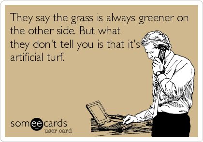 They say the grass is always greener on
the other side. But what
they don't tell you is that it's
artificial turf.