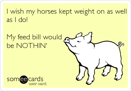 I wish my horses kept weight on as well
as I do!

My feed bill would
be NOTHIN'