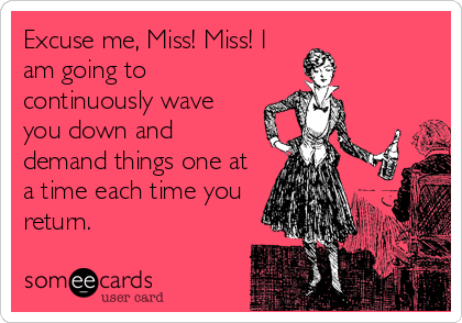 Excuse me, Miss! Miss! I
am going to
continuously wave
you down and
demand things one at
a time each time you
return.
