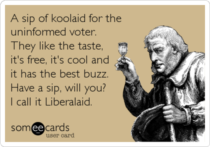 A sip of koolaid for the 
uninformed voter.
They like the taste, 
it's free, it's cool and
it has the best buzz. 
Have a sip, will you? 
I call it Liberalaid.