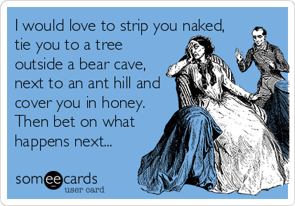 I would love to strip you naked,
tie you to a tree
outside a bear cave,
next to an ant hill and
cover you in honey.
Then bet on what
happens next...