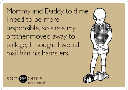 Mommy and Daddy told me
I need to be more
responsible, so since my
brother moved away to
college, I thought I would
mail him his hamsters.