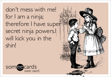 don't mess with me!
for I am a ninja;
therefore I have super
secret ninja powers.I
will kick you in the
shin!