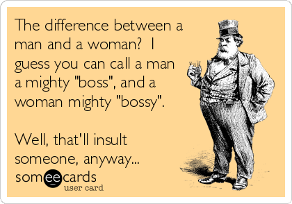 The difference between a
man and a woman?  I
guess you can call a man
a mighty "boss", and a
woman mighty "bossy". 

Well, that'll insult
someone, anyway...