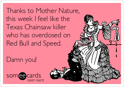Thanks to Mother Nature, 
this week I feel like the
Texas Chainsaw killer
who has overdosed on
Red Bull and Speed.

Damn you!