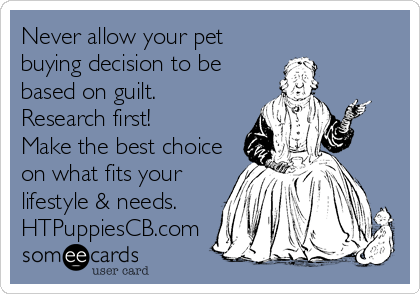 Never allow your pet
buying decision to be
based on guilt.
Research first! 
Make the best choice
on what fits your
lifestyle & needs. <