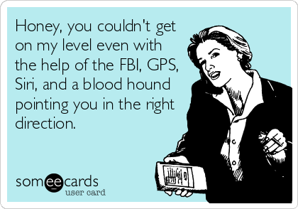 Honey, you couldn't get
on my level even with
the help of the FBI, GPS,
Siri, and a blood hound
pointing you in the right
direction.