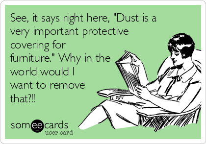 See, it says right here, "Dust is a
very important protective
covering for
furniture." Why in the
world would I
want to remove
that?!