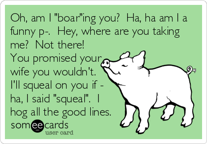 Oh, am I "boar"ing you?  Ha, ha am I a
funny p-.  Hey, where are you taking
me?  Not there! 
You promised your
wife you wouldn't. 
I'll squeal on you if -
ha, I said "squeal".  I
hog all the good lines.