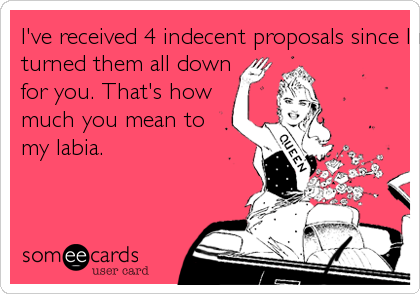 I've received 4 indecent proposals since I met you, and I 
turned them all down 
for you. That's how 
much you mean to
my labia.