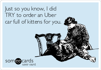 Just so you know, I did
TRY to order an Uber
car full of kittens for you.