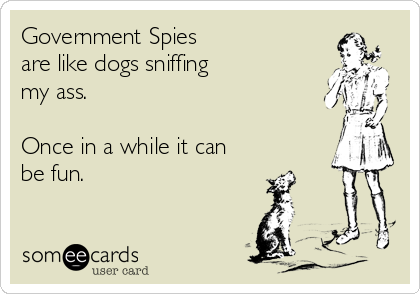 Government Spies   
are like dogs sniffing
my ass.

Once in a while it can
be fun.