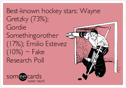 Best-known hockey stars: Wayne
Gretzky (73%);
Gordie
Somethingorother
(17%); Emilio Estevez
(10%) ~ Fake
Research Poll