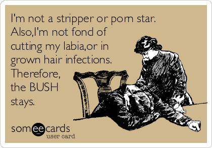 I'm not a stripper or porn star. 
Also,I'm not fond of
cutting my labia,or in
grown hair infections.
Therefore,
the BUSH   
stays.