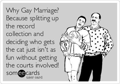 Why Gay Marriage?
Because splitting up
the record
collection and
deciding who gets
the cat just isn't as
fun without getting
the cou