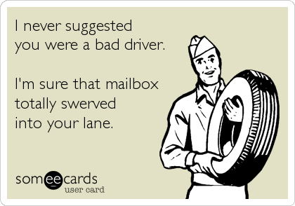 I never suggested
you were a bad driver.

I'm sure that mailbox
totally swerved
into your lane.