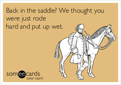Back in the saddle? We thought you
were just rode
hard and put up wet.
