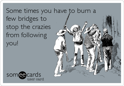 Some times you have to burn a
few bridges to
stop the crazies
from following
you!