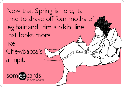 Now that Spring is here, its
time to shave off four moths of
leg hair and trim a bikini line
that looks more
like
Chewbacca's
armpit.