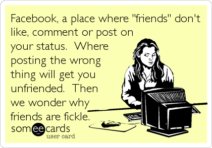 Facebook, a place where "friends" don't
like, comment or post on
your status.  Where
posting the wrong
thing will get you
unfriended.  Then<br