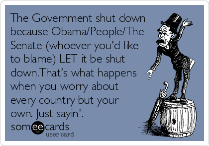 The Government shut down
because Obama/People/The
Senate (whoever you'd like
to blame) LET it be shut
down.That's what happens  
when you worry about
every country but your
own. Just sayin'.