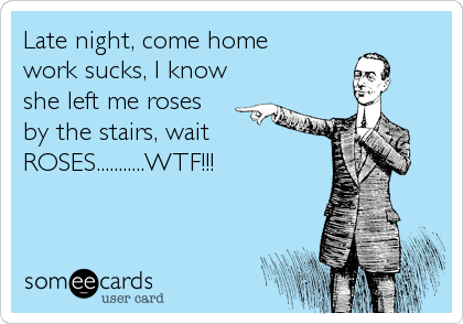 Late night, come home
work sucks, I know
she left me roses
by the stairs, wait 
ROSES...........WTF!!!
