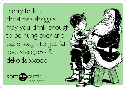 merry feckin
christmas shaggas
may you drink enough
to be hung over and
eat enough to get fat 
love stace,tess &
dekoda xxooo