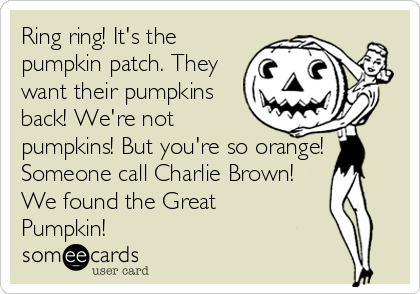 Ring ring! It's the
pumpkin patch. They
want their pumpkins
back! We're not
pumpkins! But you're so orange!
Someone call Charlie Brown!
We foun