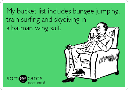 My bucket list includes bungee jumping,
train surfing and skydiving in
a batman wing suit.