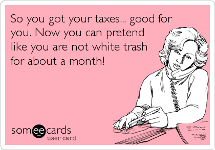 So you got your taxes... good for
you. Now you can pretend
like you are not white trash
for about a month!