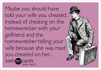 Maybe you should have
told your wife you cheated.
Instead of cheating on the
homewrecker with your
girlfriend and the
homewrecker telling your
wife because she was mad
you cheated on her...