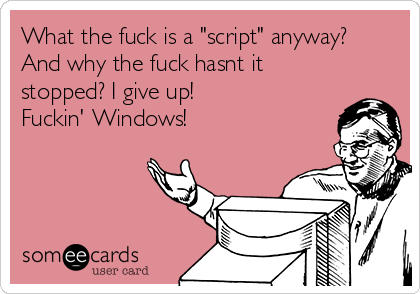 What the fuck is a "script" anyway?
And why the fuck hasnt it
stopped? I give up! 
Fuckin' Windows!