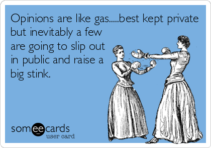 Opinions are like gas.....best kept private
but inevitably a few
are going to slip out
in public and raise a
big stink.