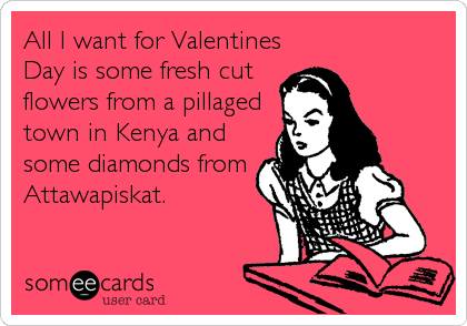 All I want for Valentines
Day is some fresh cut
flowers from a pillaged
town in Kenya and
some diamonds from
Attawapiskat.