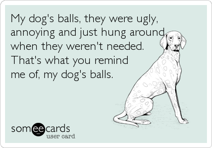 My dog's balls, they were ugly,
annoying and just hung around 
when they weren't needed. 
That's what you remind
me of, my dog's balls.