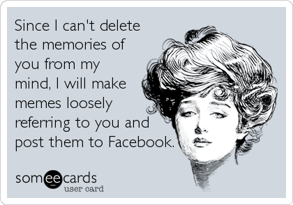 Since I can't delete
the memories of
you from my
mind, I will make
memes loosely
referring to you and
post them to Facebook.