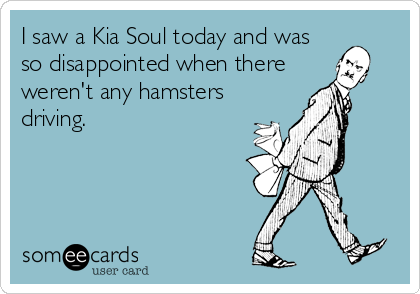 I saw a Kia Soul today and was
so disappointed when there
weren't any hamsters
driving.