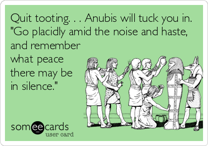 Quit tooting. . . Anubis will tuck you in.
"Go placidly amid the noise and haste,
and remember
what peace
there may be
in silence."
