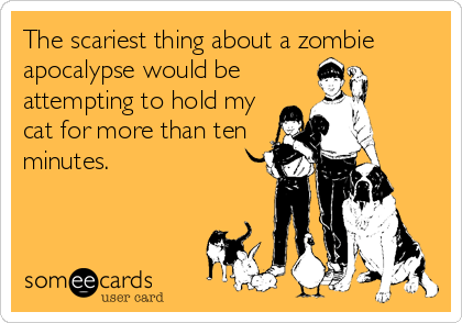 The scariest thing about a zombie
apocalypse would be
attempting to hold my
cat for more than ten
minutes.