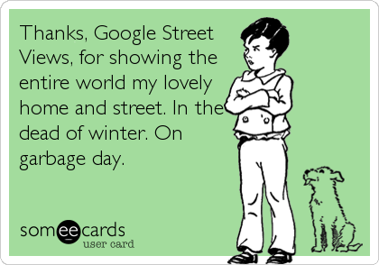 Thanks, Google Street
Views, for showing the
entire world my lovely
home and street. In the
dead of winter. On
garbage day.