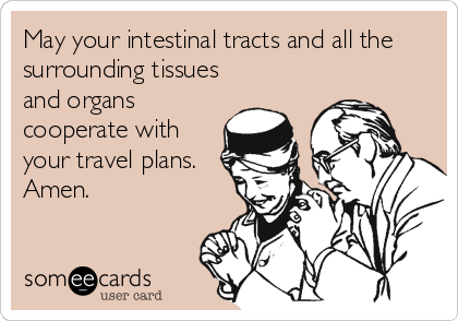 May your intestinal tracts and all the
surrounding tissues
and organs
cooperate with
your travel plans. 
Amen.