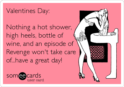Valentines Day:

Nothing a hot shower,
high heels, bottle of
wine, and an episode of
Revenge won't take care
of...have a great day!